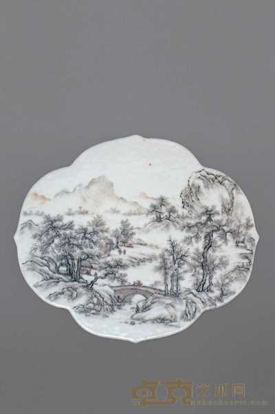 民国 墨加彩山水纹瓷板 高27cm